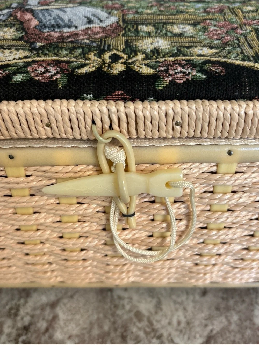 Vintage Azar Sewing Basket Tapestry, Wicker- Full Of Sewing Supplies- W/ Handle